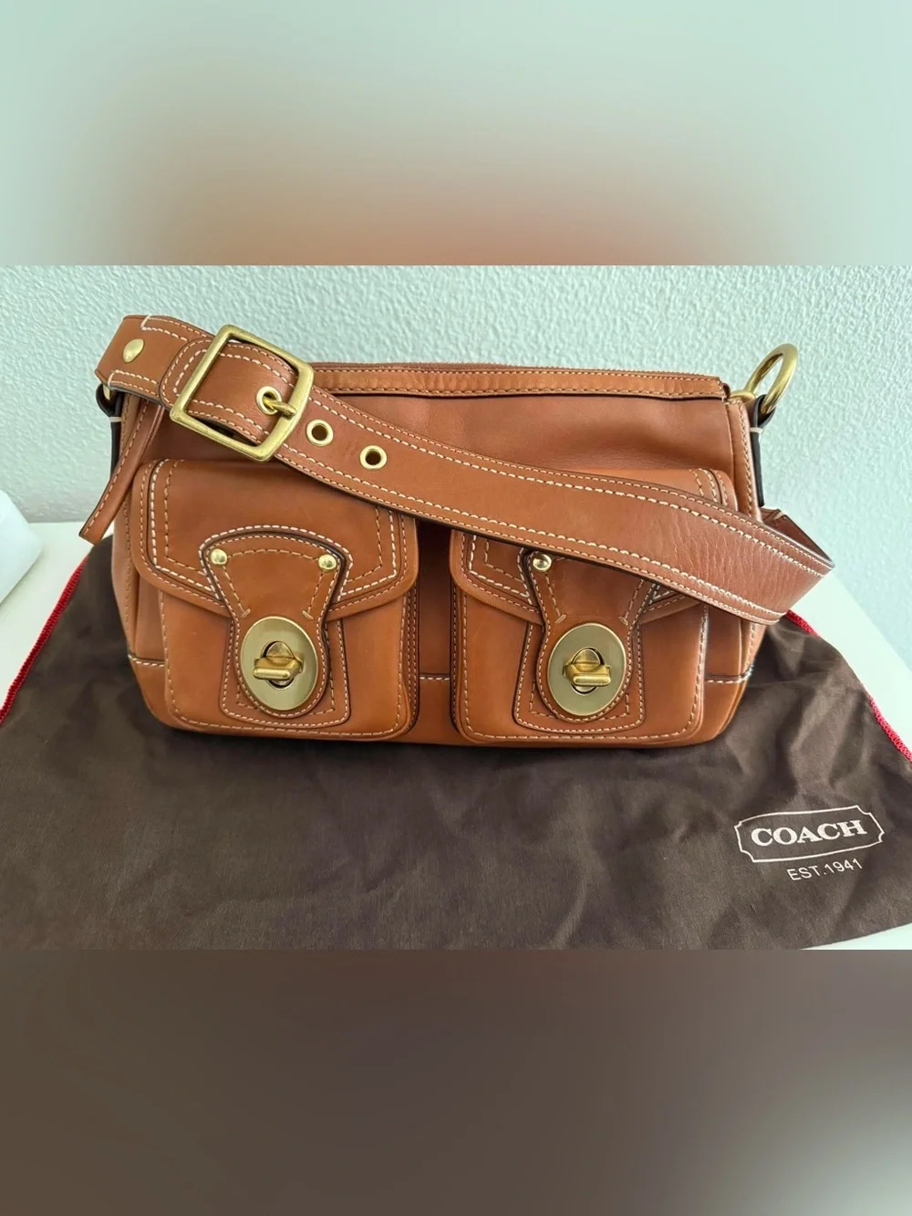 RARE Vintage Coach Legacy Turnlock Shoulder Bag Whiskey Leather Mint F12868